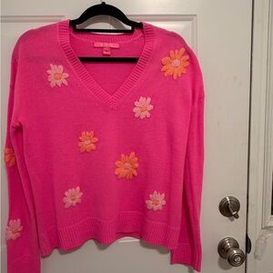 Lilly Pulitzer Pink V-Neck Sweater with Floral Accents